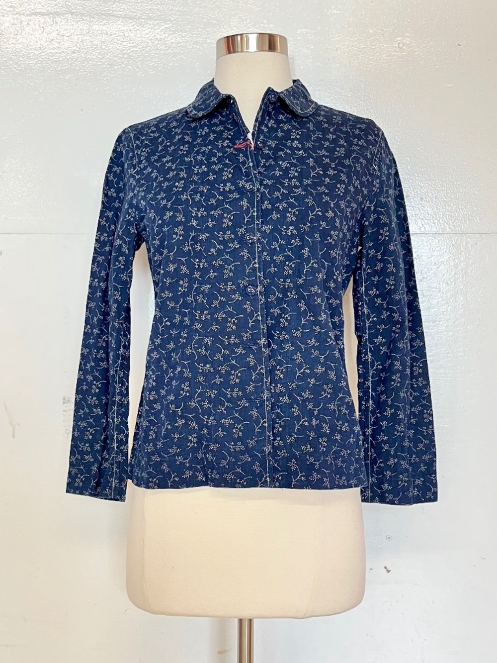 Ines de la Fressange Blue White Floral Cotton Denim Button-Up Shirt Vintage